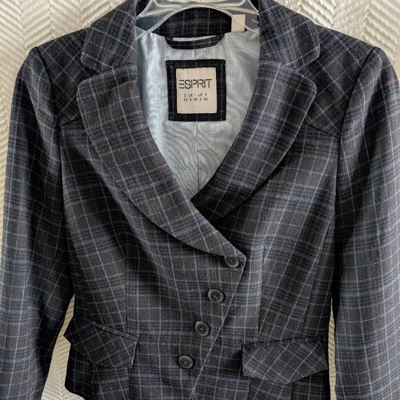 Esprit Women’s Navy Plaid Blazer Wool blend Cotton lined Size 2 Preppy Academia - Picture 3 of 11